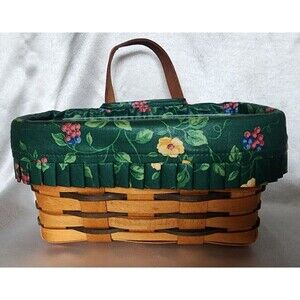 Longaberger Hanging Basket w/ Green Floral Fabric & Plastic Liner Leather Handle